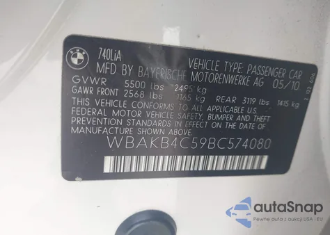 2011 BMW 740Li from USA, damaged, VIN WBAKB4C59BC574080